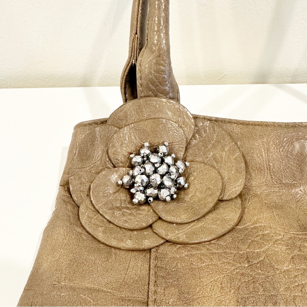 Elegant Tan Flower Crinkle Zipper Small Tote Handbag with Floral Accent - Picture 2 of 10